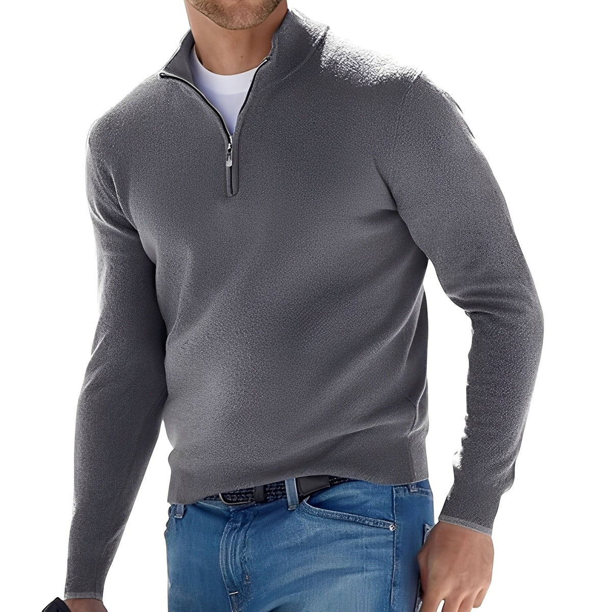 Men's long-sleeve quarter-zip sweater with stand collar and ribbed trims