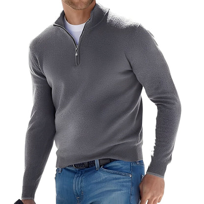 Men's long-sleeve quarter-zip sweater with stand collar and ribbed trims