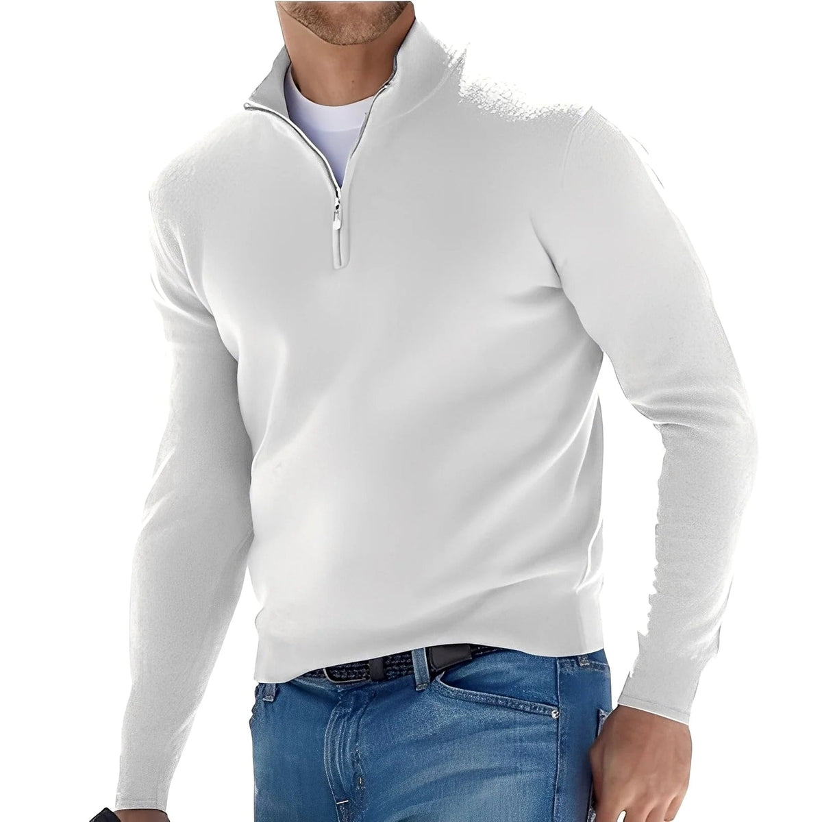 Men's long-sleeve quarter-zip sweater with stand collar and ribbed trims