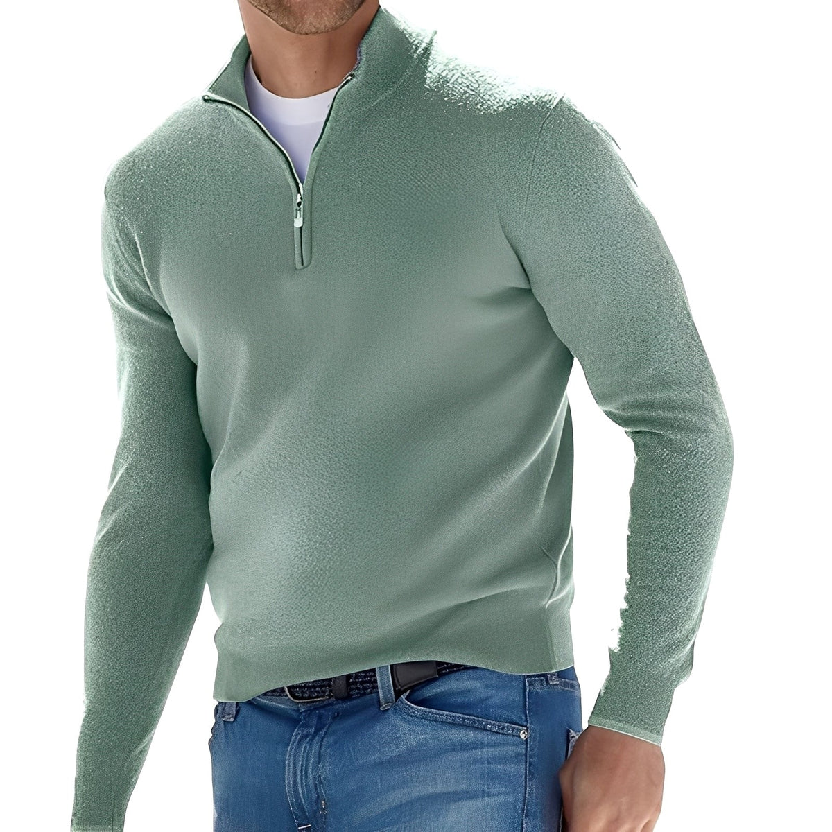 Men's long-sleeve quarter-zip sweater with stand collar and ribbed trims