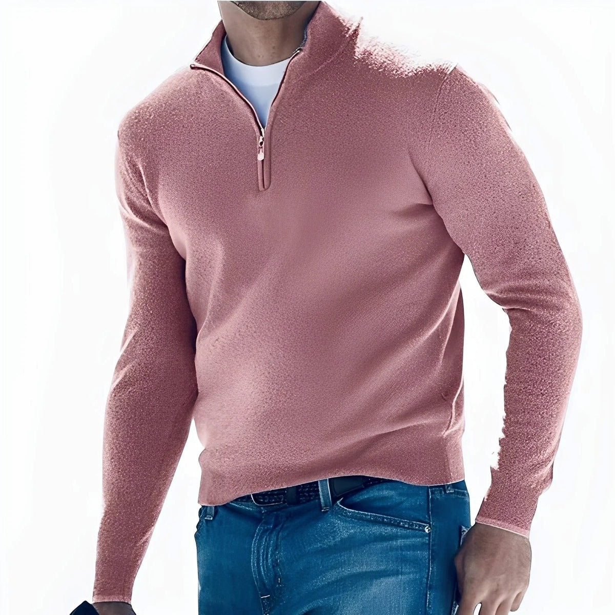 Men's long-sleeve quarter-zip sweater with stand collar and ribbed trims