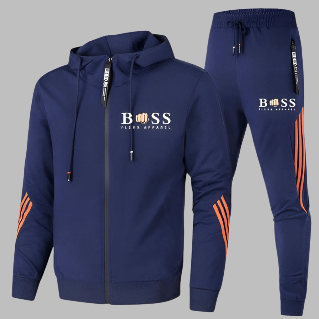 Men's hooded zip tracksuit set with striped trousers and matching jacket