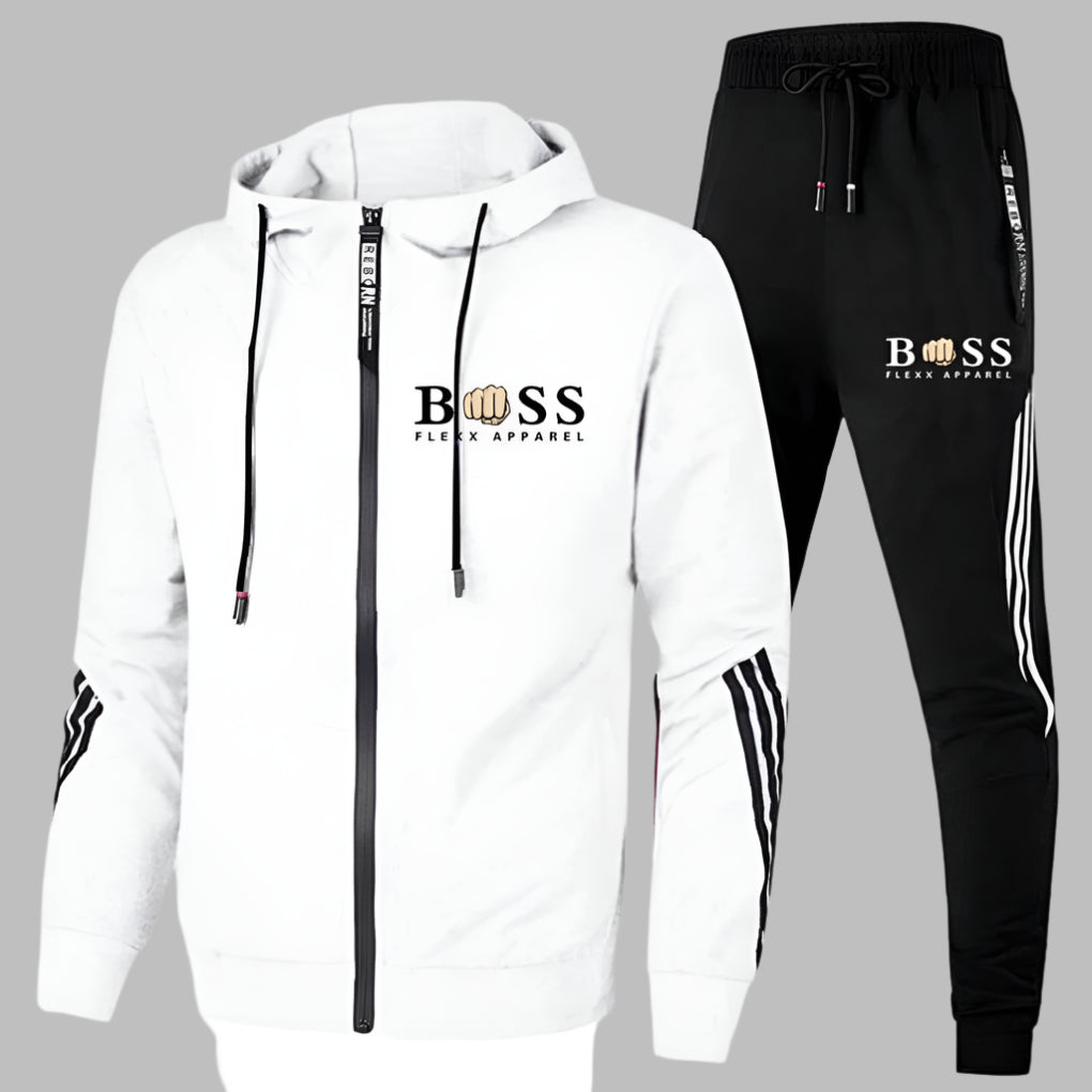 Men's hooded zip tracksuit set with striped trousers and matching jacket