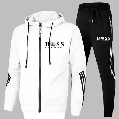 Men's hooded zip tracksuit set with striped trousers and matching jacket