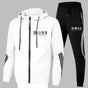 Men's hooded zip tracksuit set with striped trousers and matching jacket