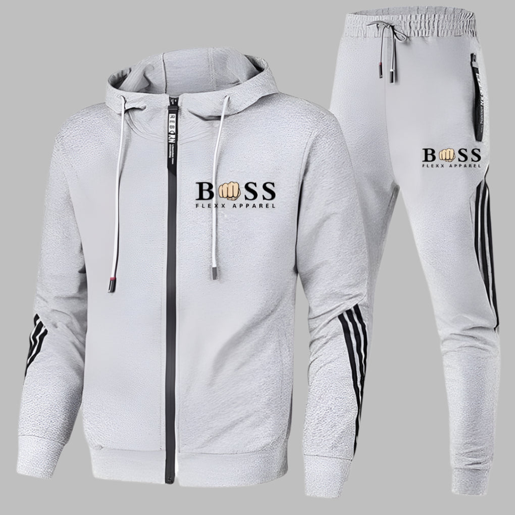 Men's hooded zip tracksuit set with striped trousers and matching jacket