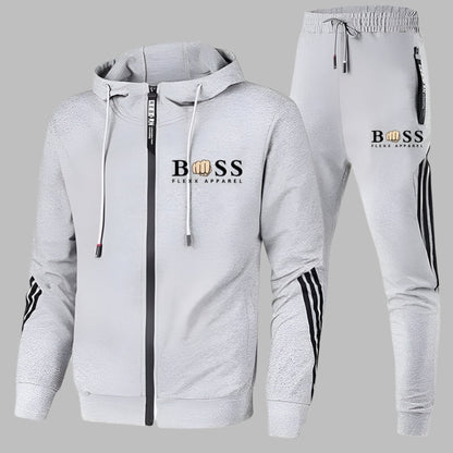 Men's hooded zip tracksuit set with striped trousers and matching jacket