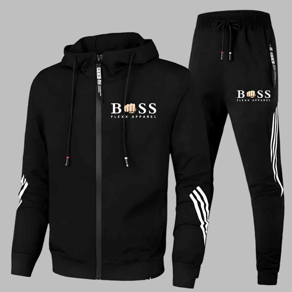 Men's hooded zip tracksuit set with striped trousers and matching jacket