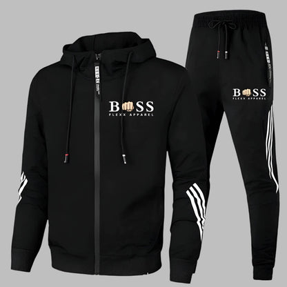 Men's hooded zip tracksuit set with striped trousers and matching jacket