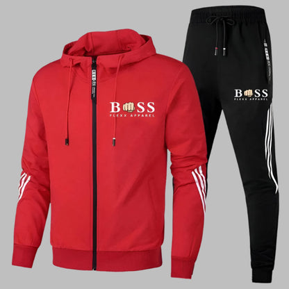 Men's hooded zip tracksuit set with striped trousers and matching jacket