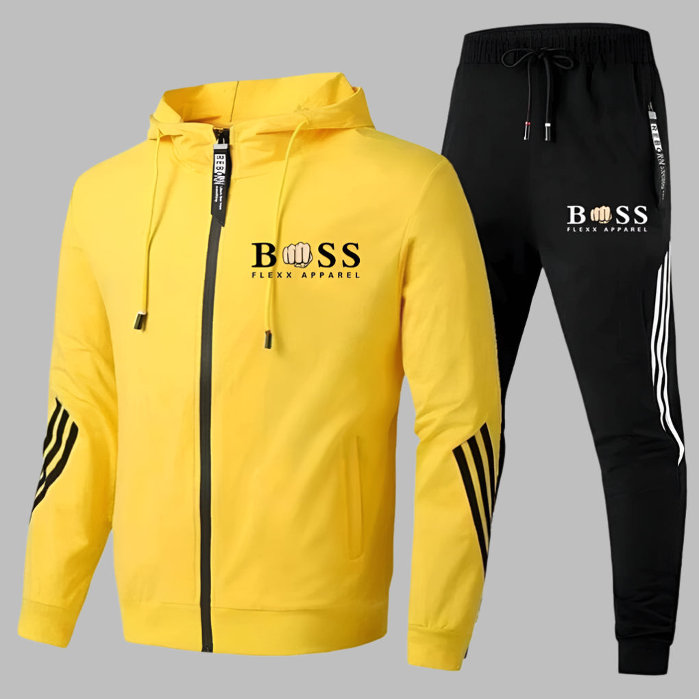Men's hooded zip tracksuit set with striped trousers and matching jacket