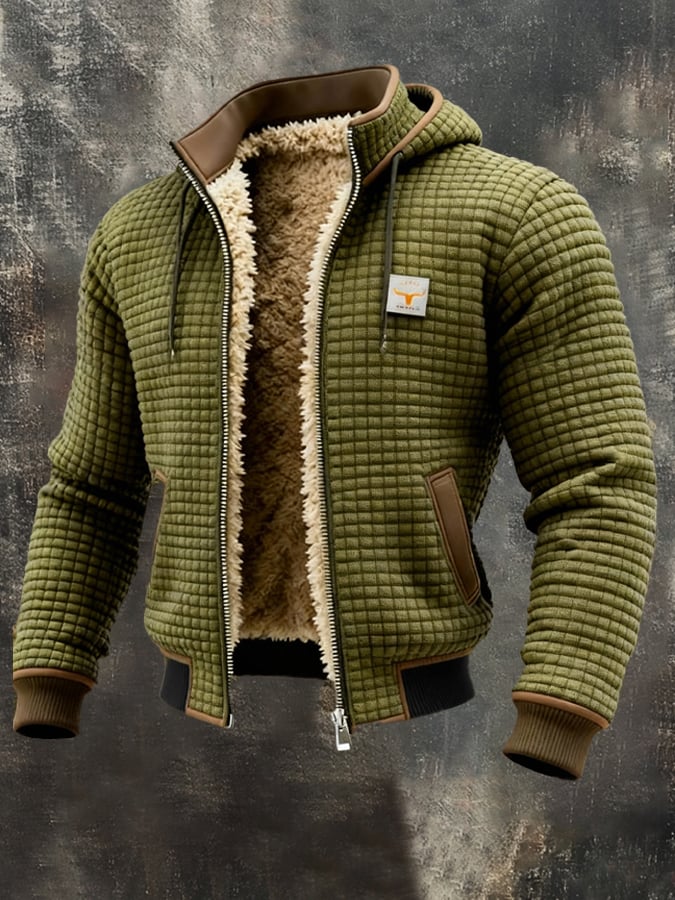 Men's textured quilted hooded jacket with full-zip front and plush contrasting lining