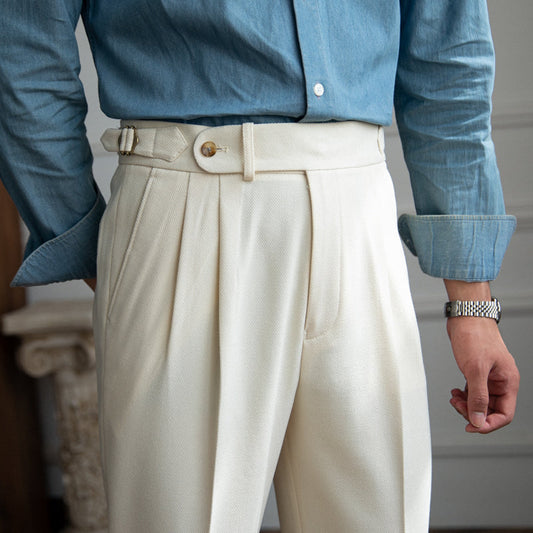 Men's double pleat trousers with side tabs and cuffed hems