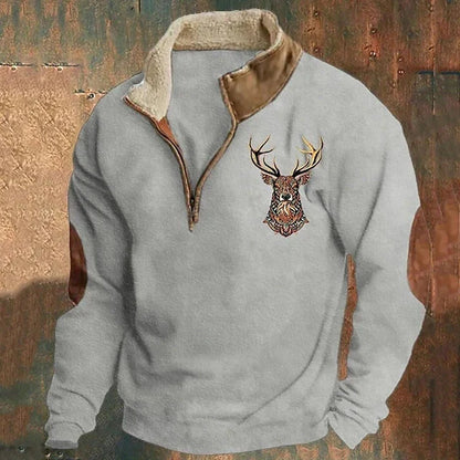 Men's quarter-zip sweatshirt with embroidered deer motif and ribbed trims