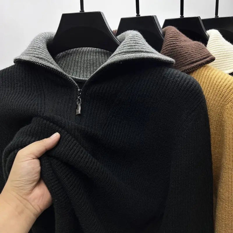 Men's ribbed quarter-zip sweater with high mock neck and long sleeves