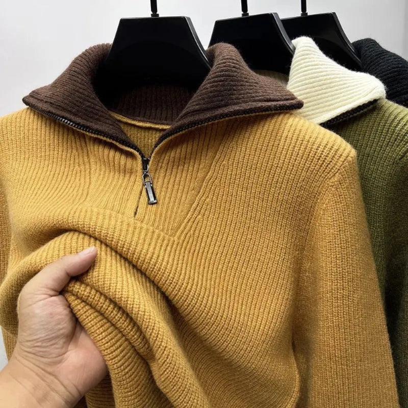 Men's ribbed quarter-zip sweater with high mock neck and long sleeves