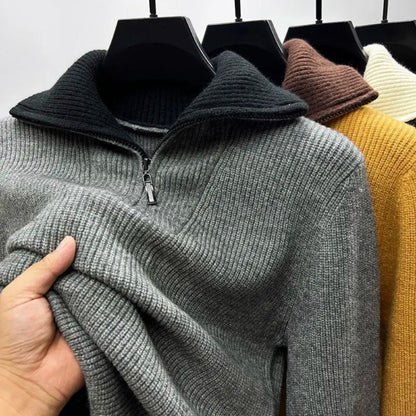 Men's ribbed quarter-zip sweater with high mock neck and long sleeves
