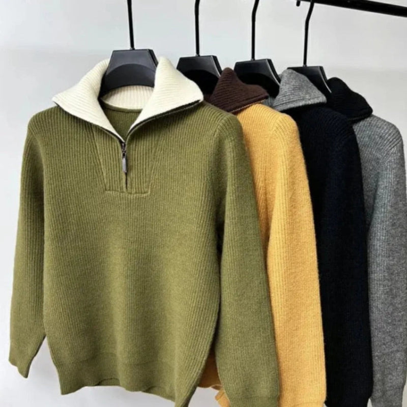 Men's ribbed quarter-zip sweater with high mock neck and long sleeves