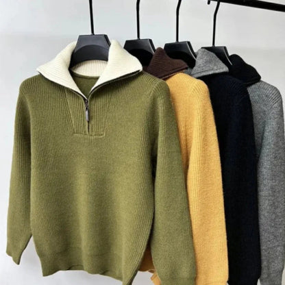 Men's ribbed quarter-zip sweater with high mock neck and long sleeves