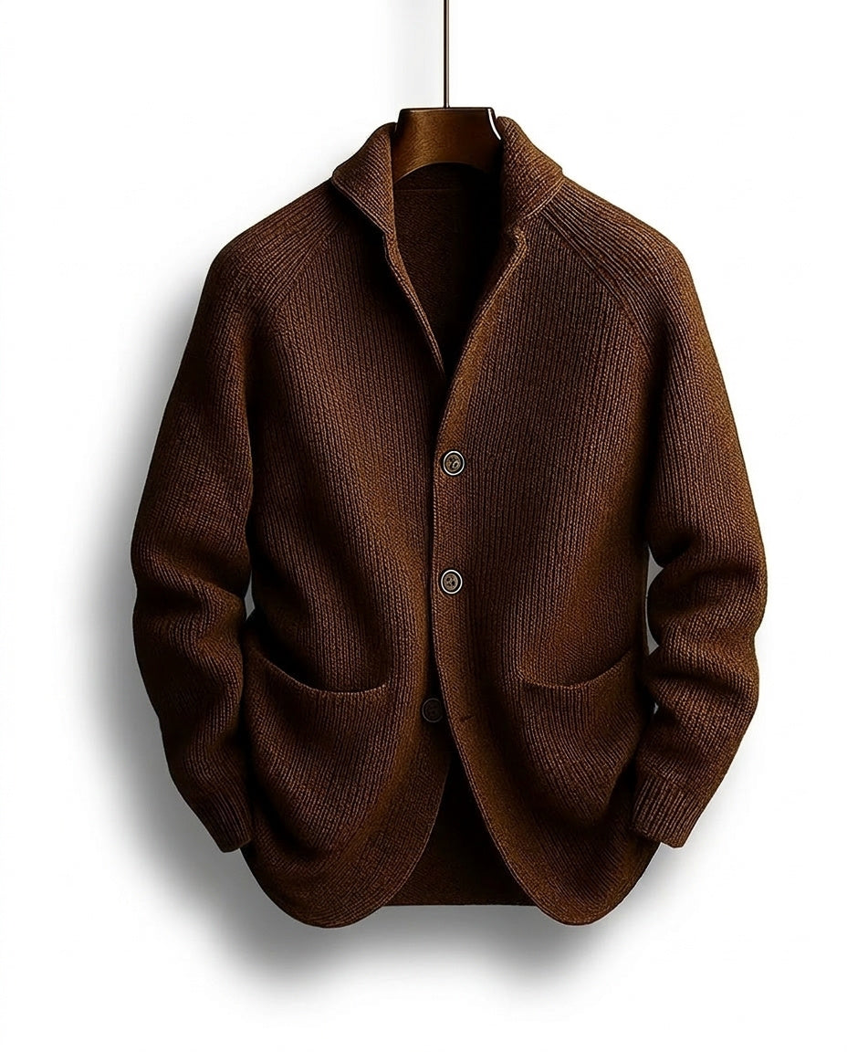 Men's ribbed knit cardigan with shawl collar, buttons and front patch pockets