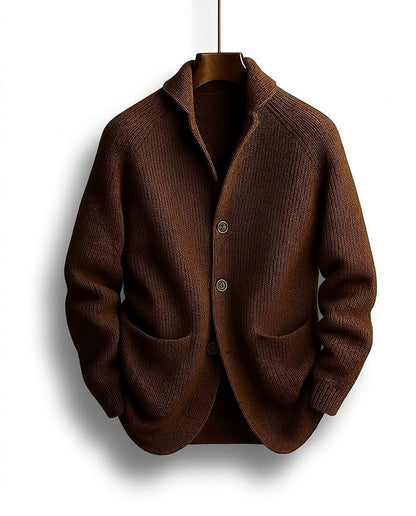 Men's ribbed knit cardigan with shawl collar, buttons and front patch pockets
