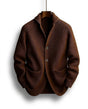 Men's ribbed knit cardigan with shawl collar, buttons and front patch pockets