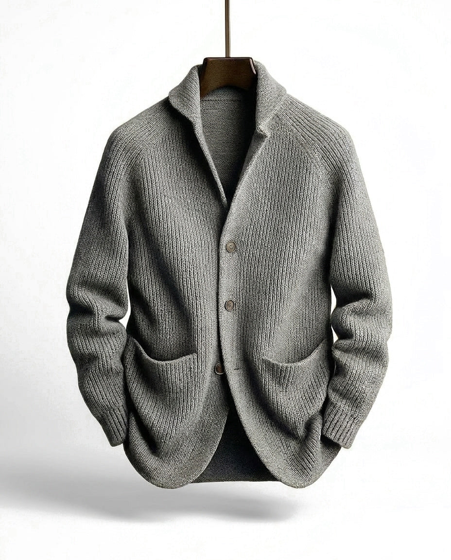 Men's ribbed knit cardigan with shawl collar, buttons and front patch pockets