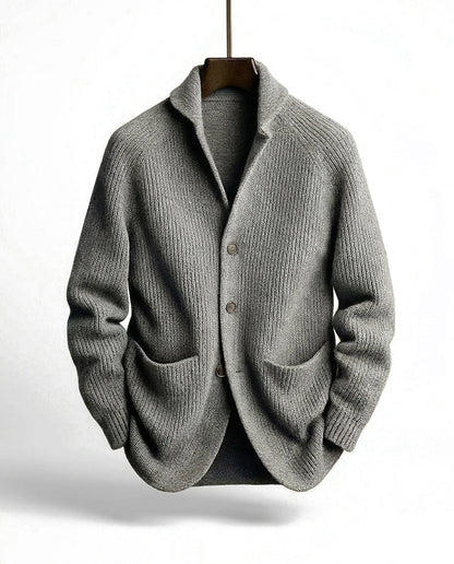 Men's ribbed knit cardigan with shawl collar, buttons and front patch pockets