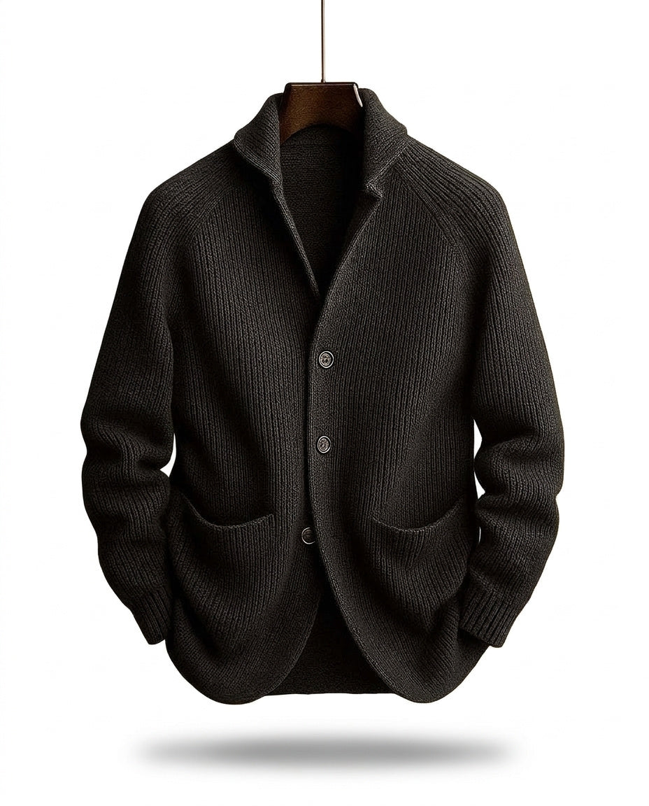 Men's ribbed knit cardigan with shawl collar, buttons and front patch pockets