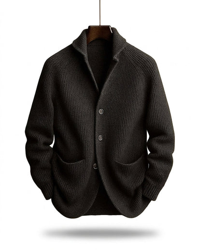 Men's ribbed knit cardigan with shawl collar, buttons and front patch pockets