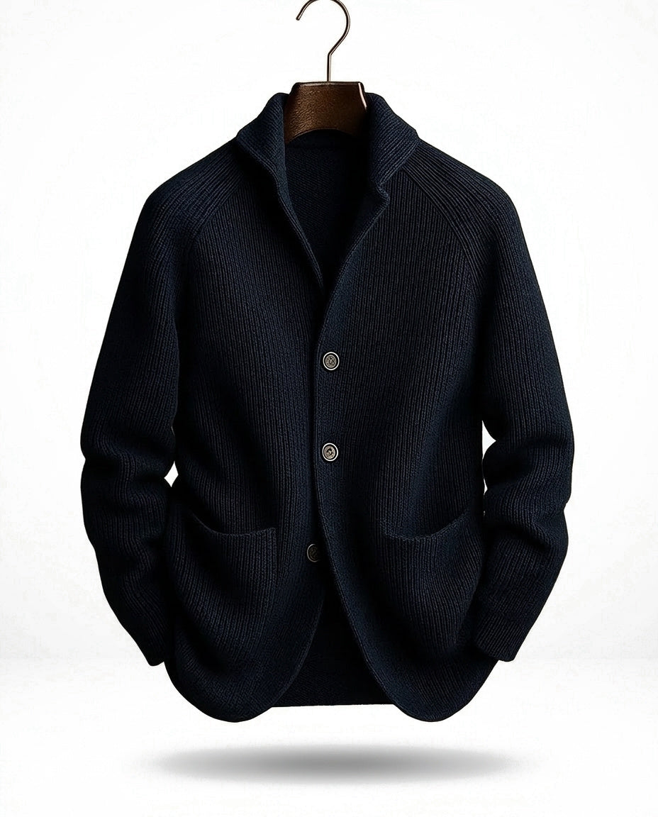 Men's ribbed knit cardigan with shawl collar, buttons and front patch pockets