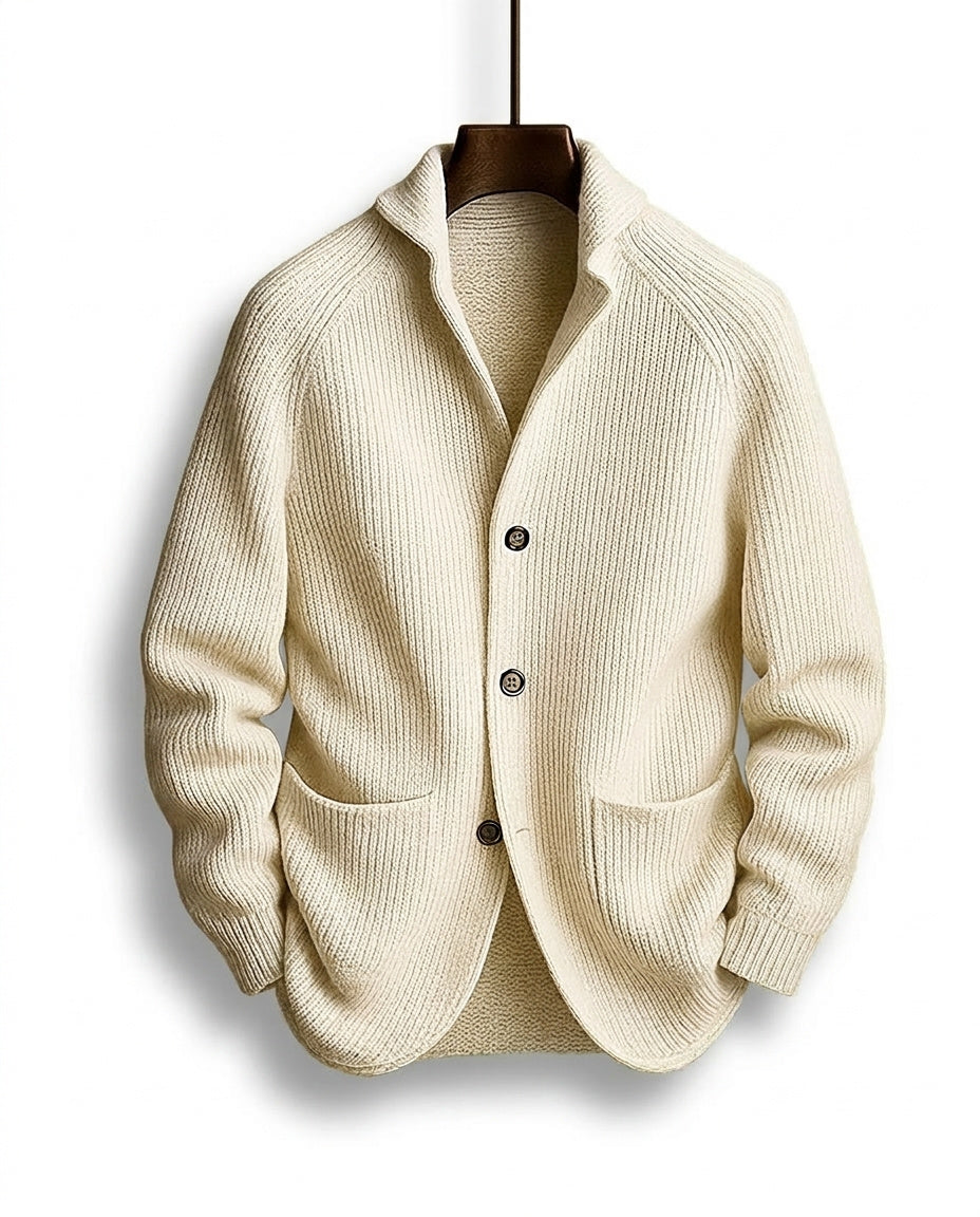 Men's ribbed knit cardigan with shawl collar, buttons and front patch pockets