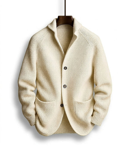Men's ribbed knit cardigan with shawl collar, buttons and front patch pockets