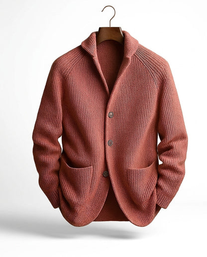 Men's ribbed knit cardigan with shawl collar, buttons and front patch pockets