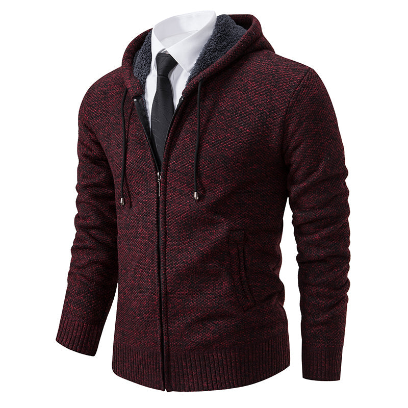 Men's textured hooded cardigan with full-length zip, long sleeves and ribbed trims