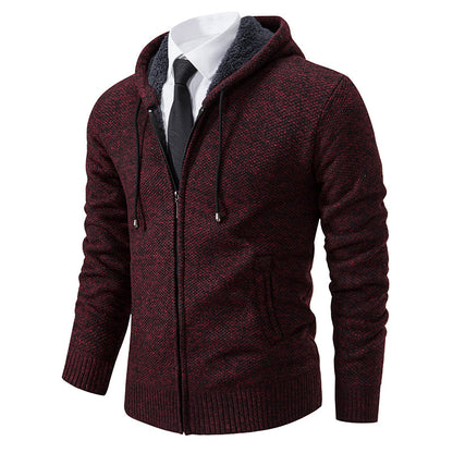Men's textured hooded cardigan with full-length zip, long sleeves and ribbed trims