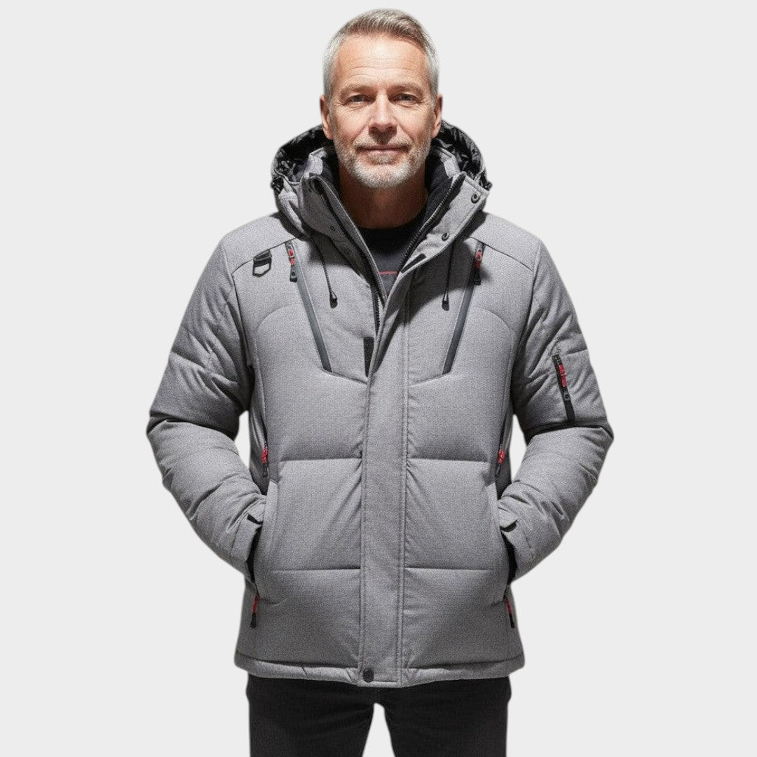 Men's solid winter jacket with long sleeves and zip front