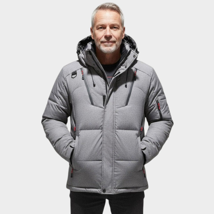 Men's solid winter jacket with long sleeves and zip front