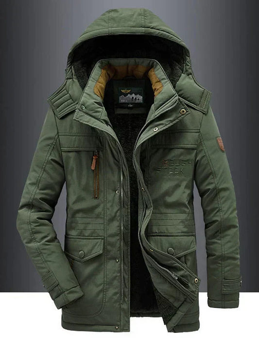 Men's hooded winter jacket with multiple zipped and flap pockets