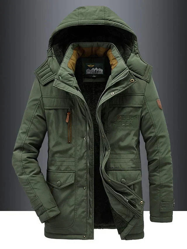 Men's hooded winter jacket with multiple zipped and flap pockets