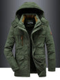 Men's hooded winter jacket with multiple zipped and flap pockets