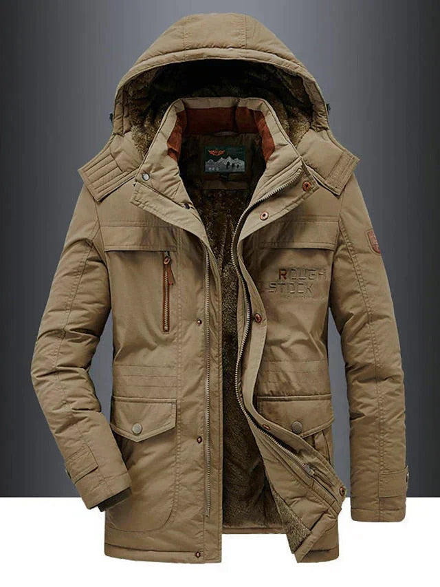 Men's hooded winter jacket with multiple zipped and flap pockets