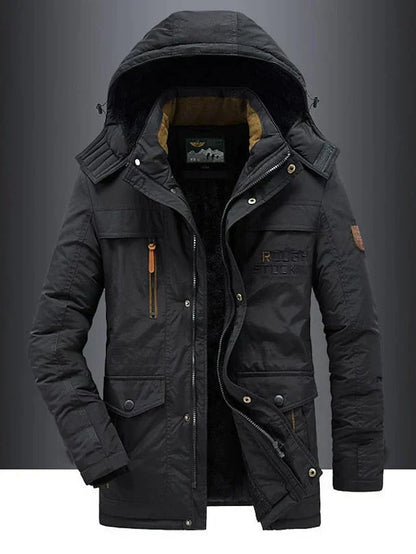 Men's hooded winter jacket with multiple zipped and flap pockets