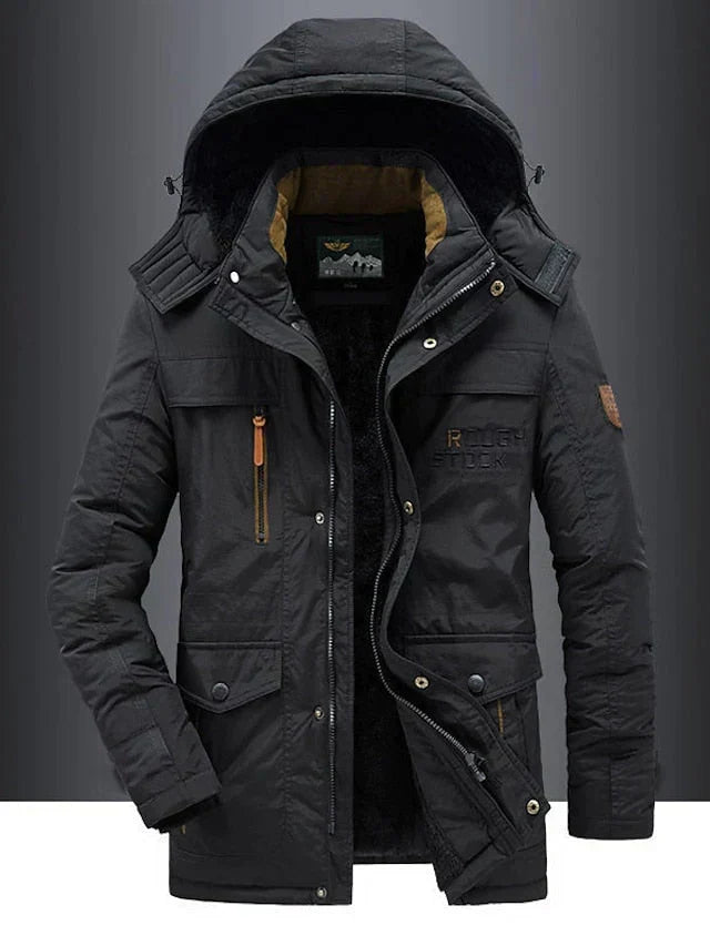 Men's hooded winter jacket with multiple zipped and flap pockets