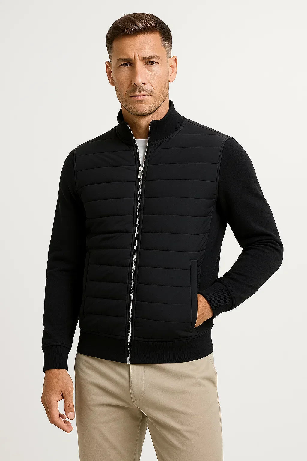 Men's hybrid jacket with quilted front, knitted sleeves and stand collar