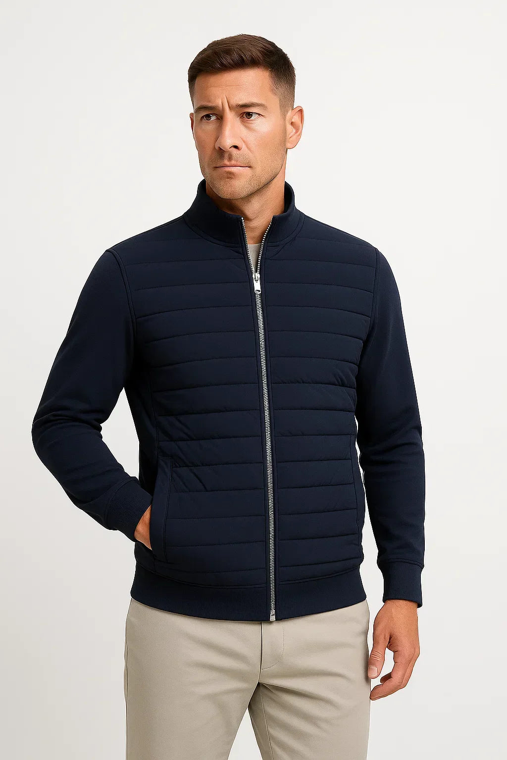 Men's hybrid jacket with quilted front, knitted sleeves and stand collar