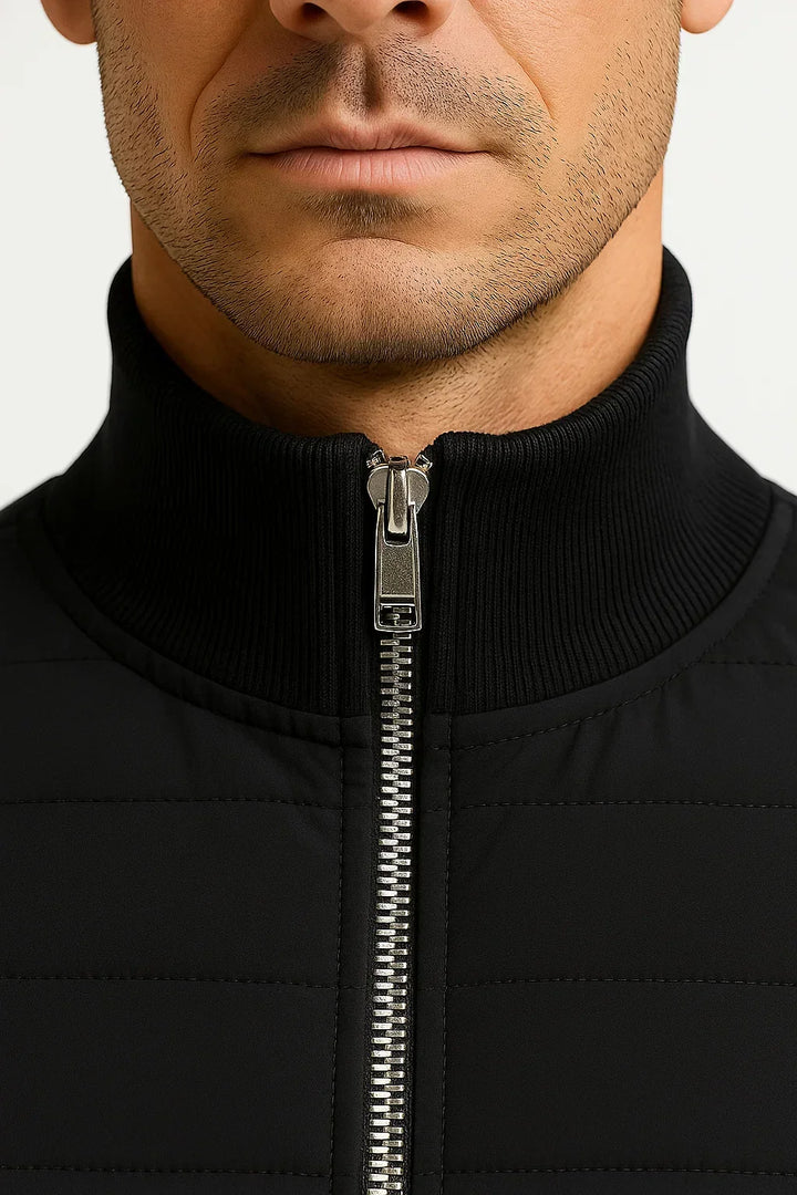Men's hybrid jacket with quilted front, knitted sleeves and stand collar