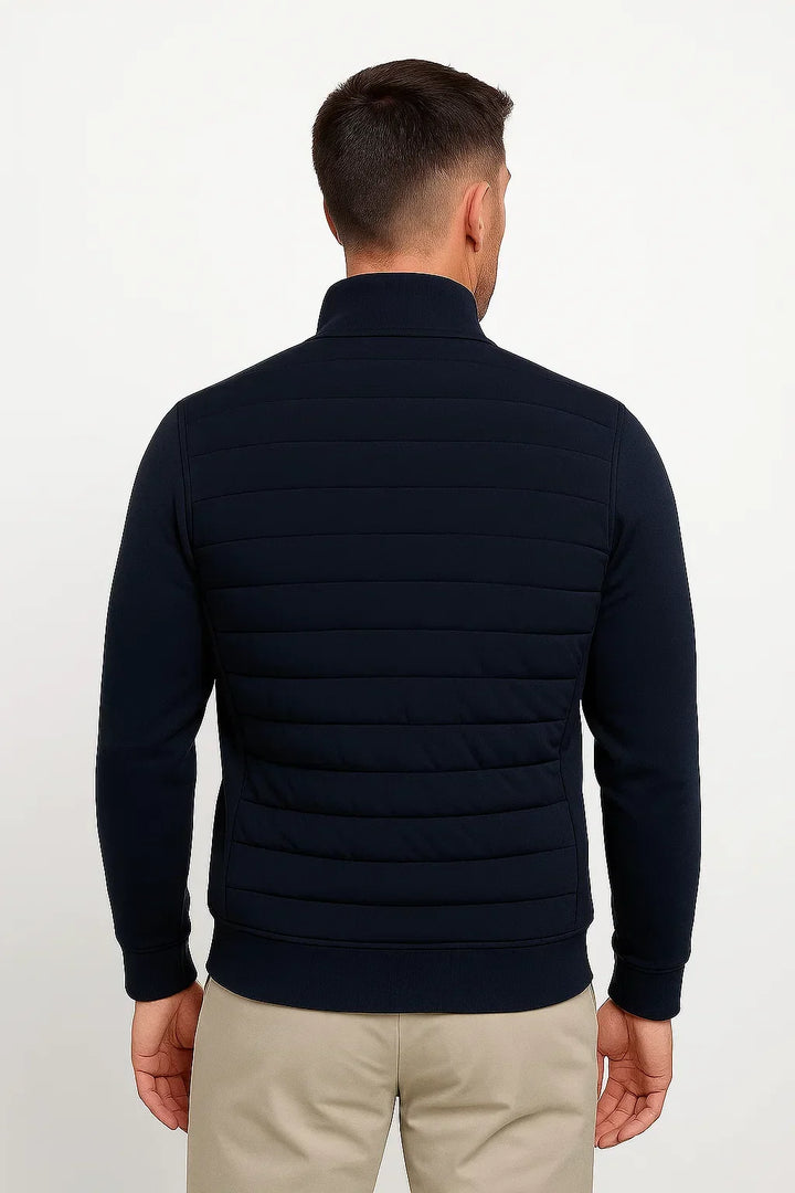 Men's hybrid jacket with quilted front, knitted sleeves and stand collar