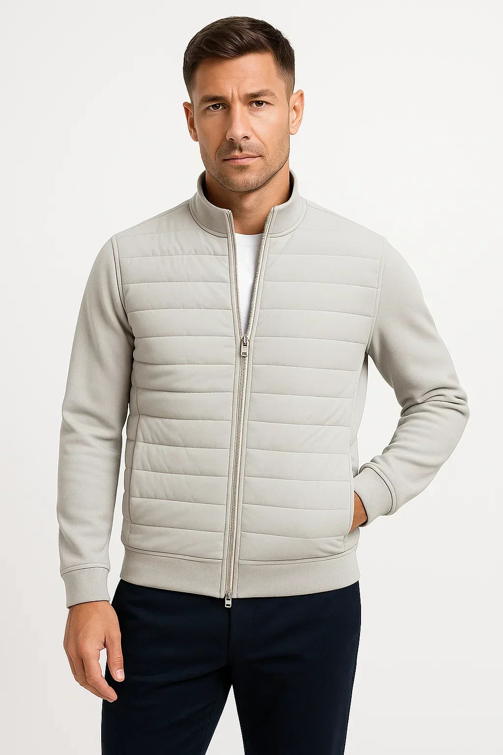 Men's hybrid jacket with quilted front, knitted sleeves and stand collar