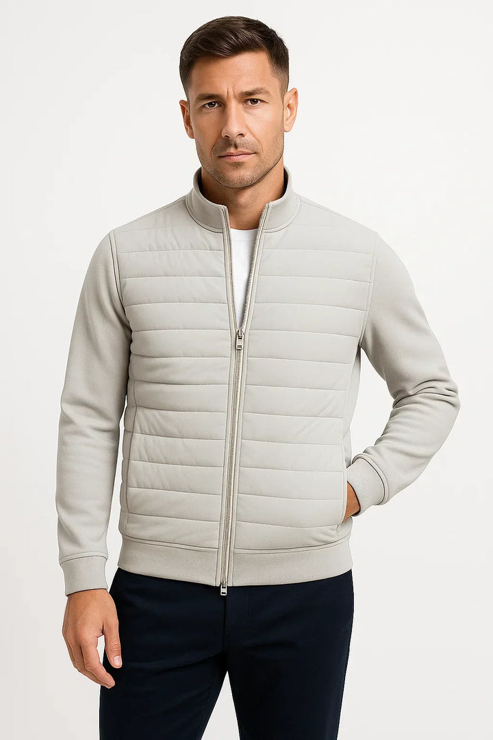 Men's hybrid jacket with quilted front, knitted sleeves and stand collar